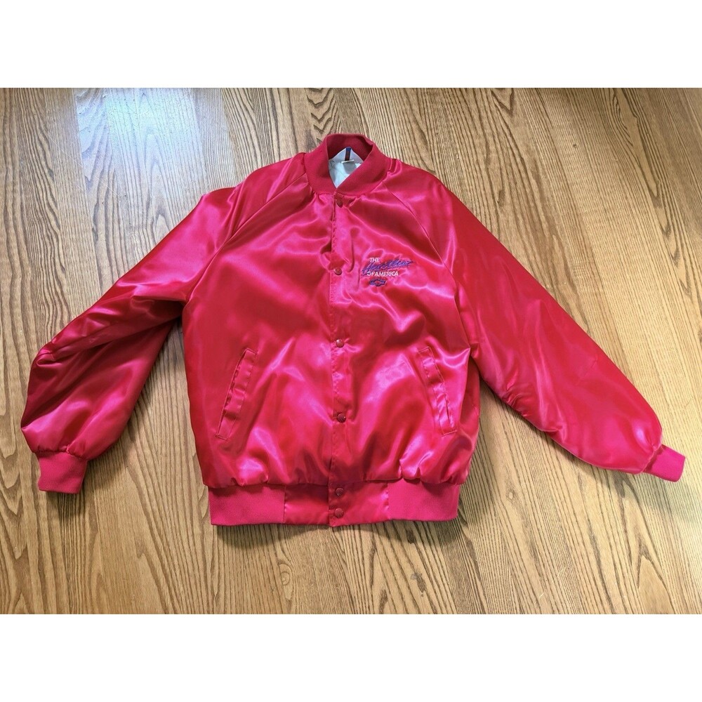 VTG Chevy USA Made The Heartbeat of America Satin Bomber Jacket L Red Chevrolet